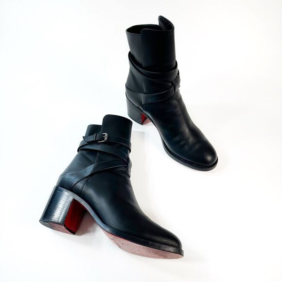 Christian Louboutin Shoes - CHRISTIAN LOUBOUTIN Karistrap Black Ankle Boot Size 38.5 Block Heel Buckle Strap